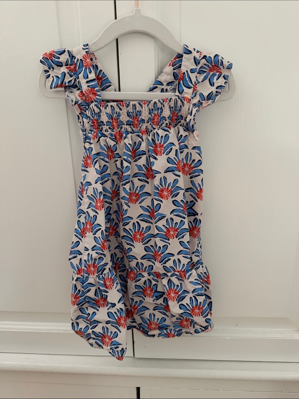 Zara White Sundress with Blue Leaves & Red Floral Print